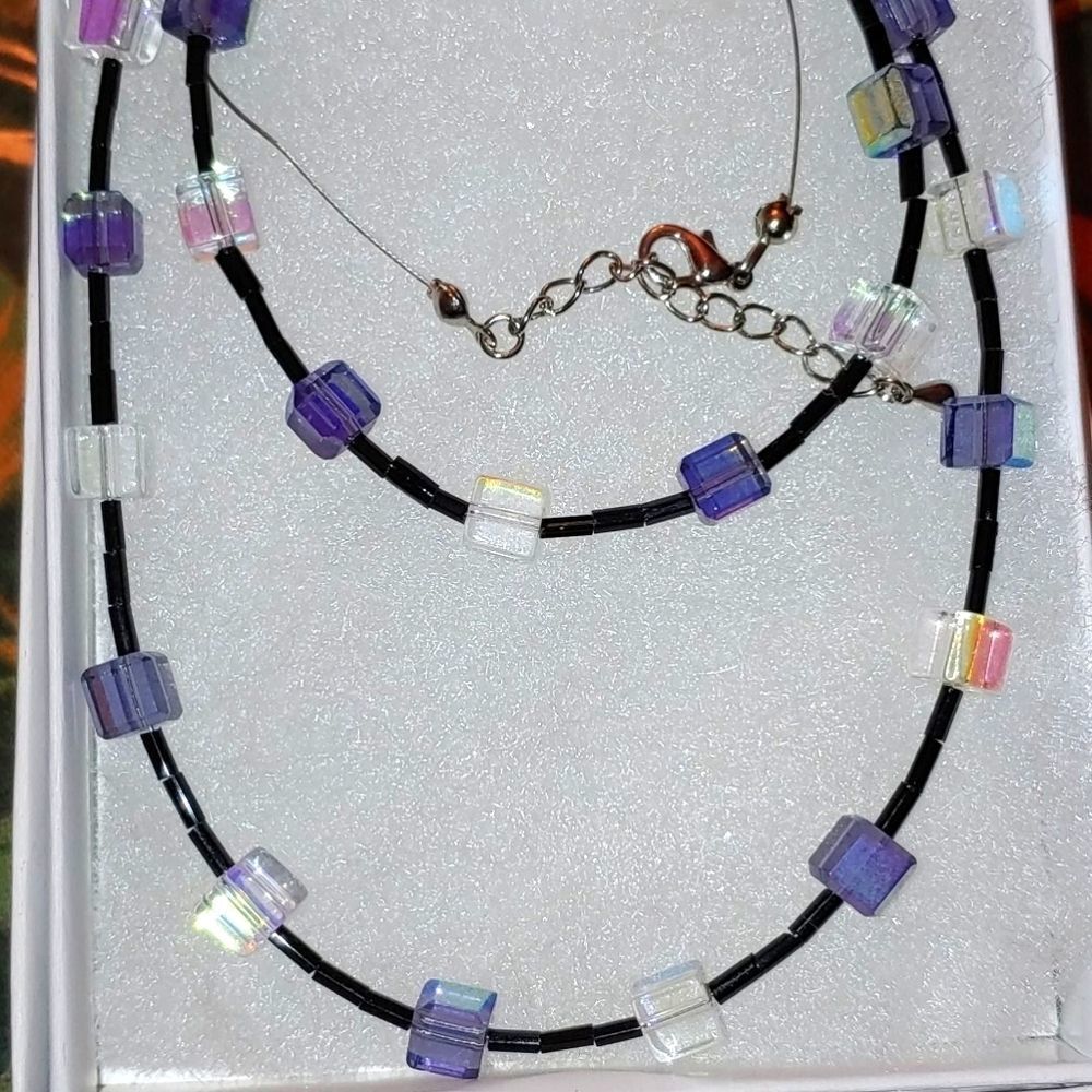 Handmade Necklace & Bracelet SET Glass Clear Purple Iridescent black bugle bead